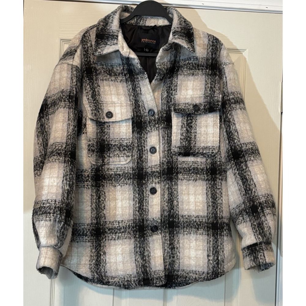 Ambiance Apparel Women's Black And White Plaid, Lined Flannel Shacket - Size L